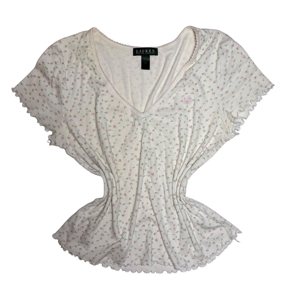 Lauren Ralph Lauren Floral Baby Tee L Pink Rosebud Lettuce Trim Y2K